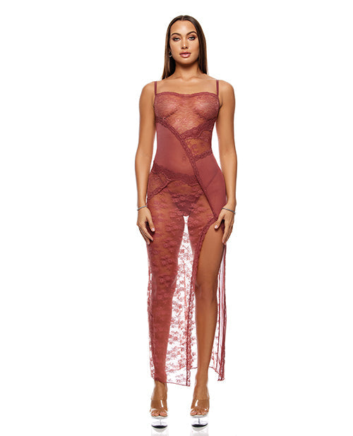 Patch of Petals Sheer Mesh and Lace Gown w/Thong 2 pc Set