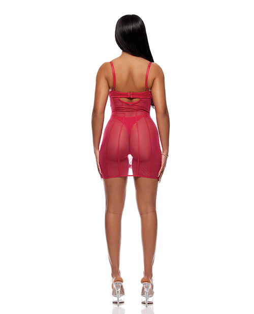 Layers To This Sheer Mesh and Knit Chemise w/Thong 2 pc Set - Pink SM