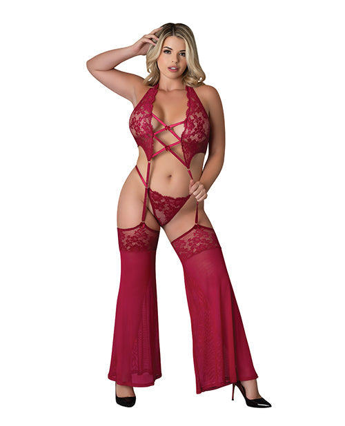 Black Cherry Plunge Top w/Removable Chaps & Cheeky Panty Set