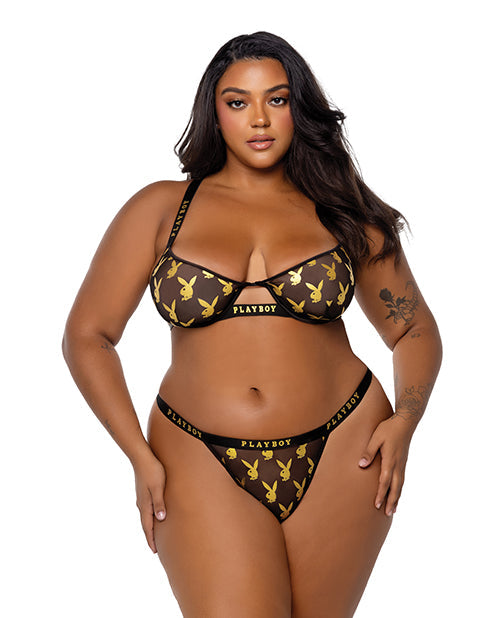Playboy Gold Foil Mesh & Satin Bralette w/Thong 2 pc Set